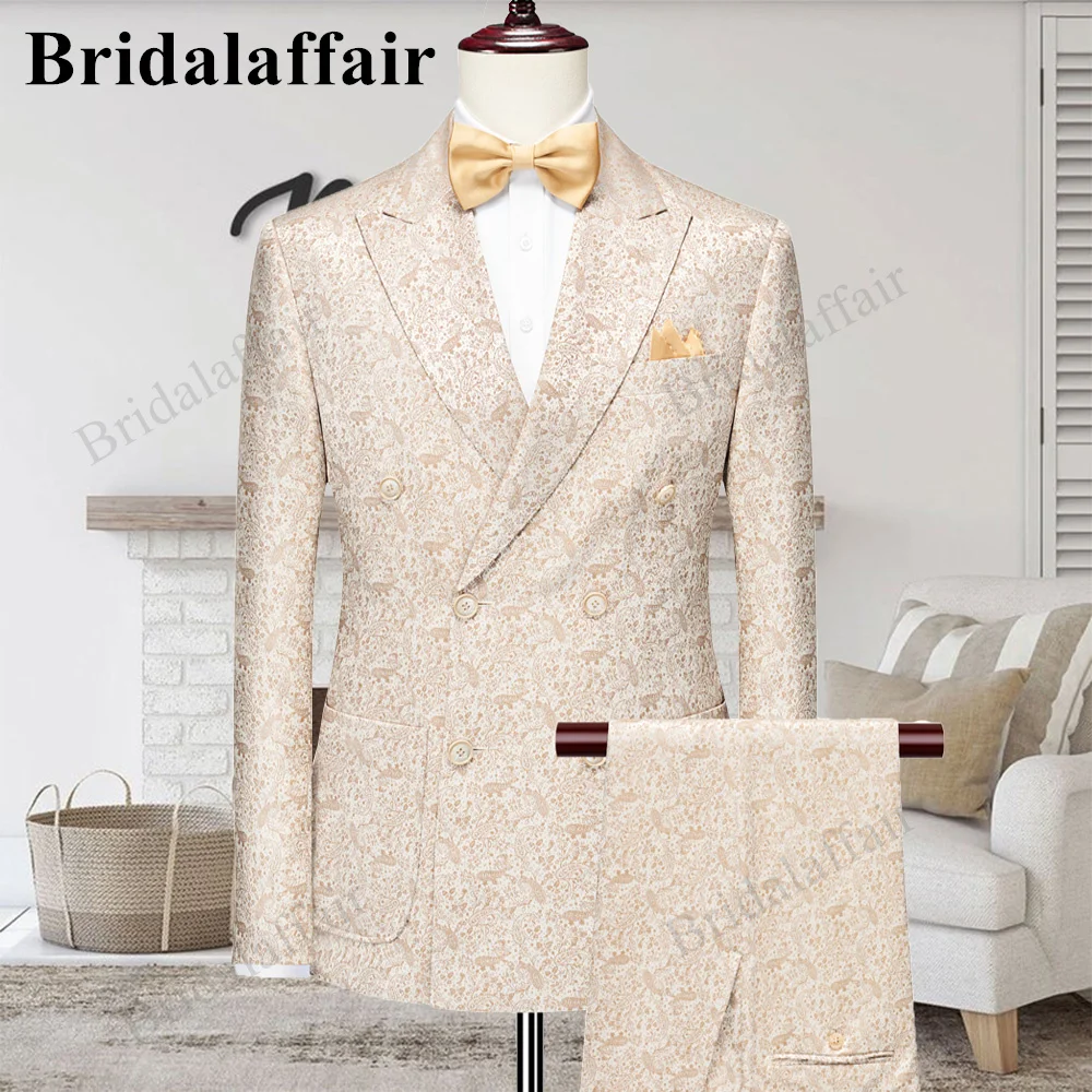 

Bridalaffair Large Size Beige Suit Pattern 5XL Peak Lapel (Blazer+Vest+Pants) Groom Wedding Dress Classic Retro Men Formal 3 Pcs