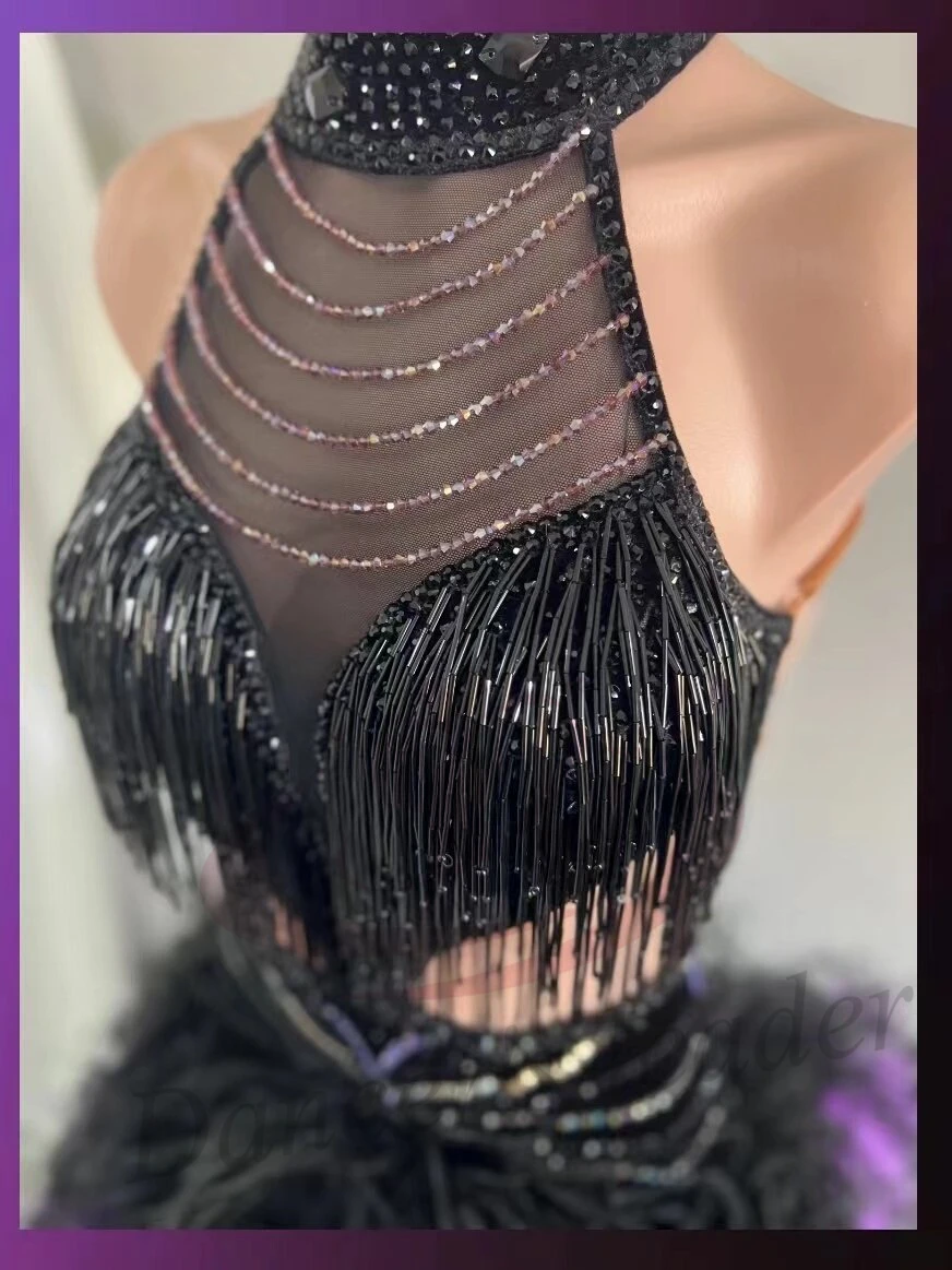 Latin Dance AB Stone Female Adult Children High End Customized Gradient Purple Feather Black Pool Samba Performance Dress