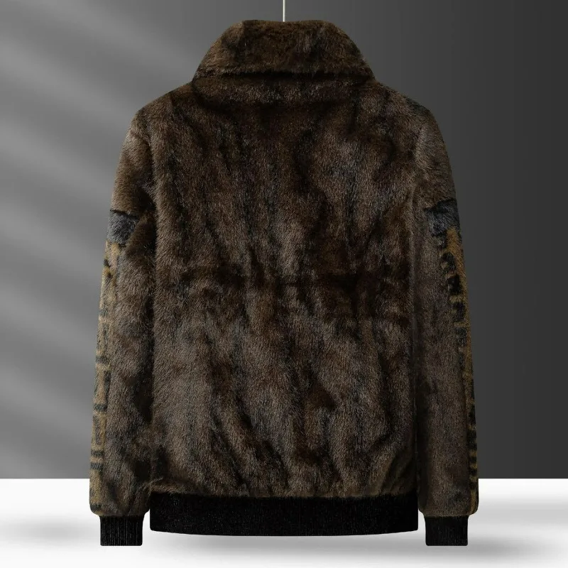Faux Fur Jacket for Autumn and Winter Warmth Thick Stand-up Collar Men Short One-piece Printed Lapel Casual Winter Fashion Warm