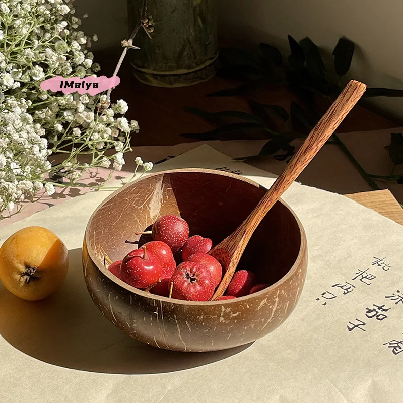 M-Natural Coconut Bowl Set Handmade Wooden Tableware Wood Spoon Dessert Fruit Salad Mixing Ramen Storage Bowl Kitchen Tableware