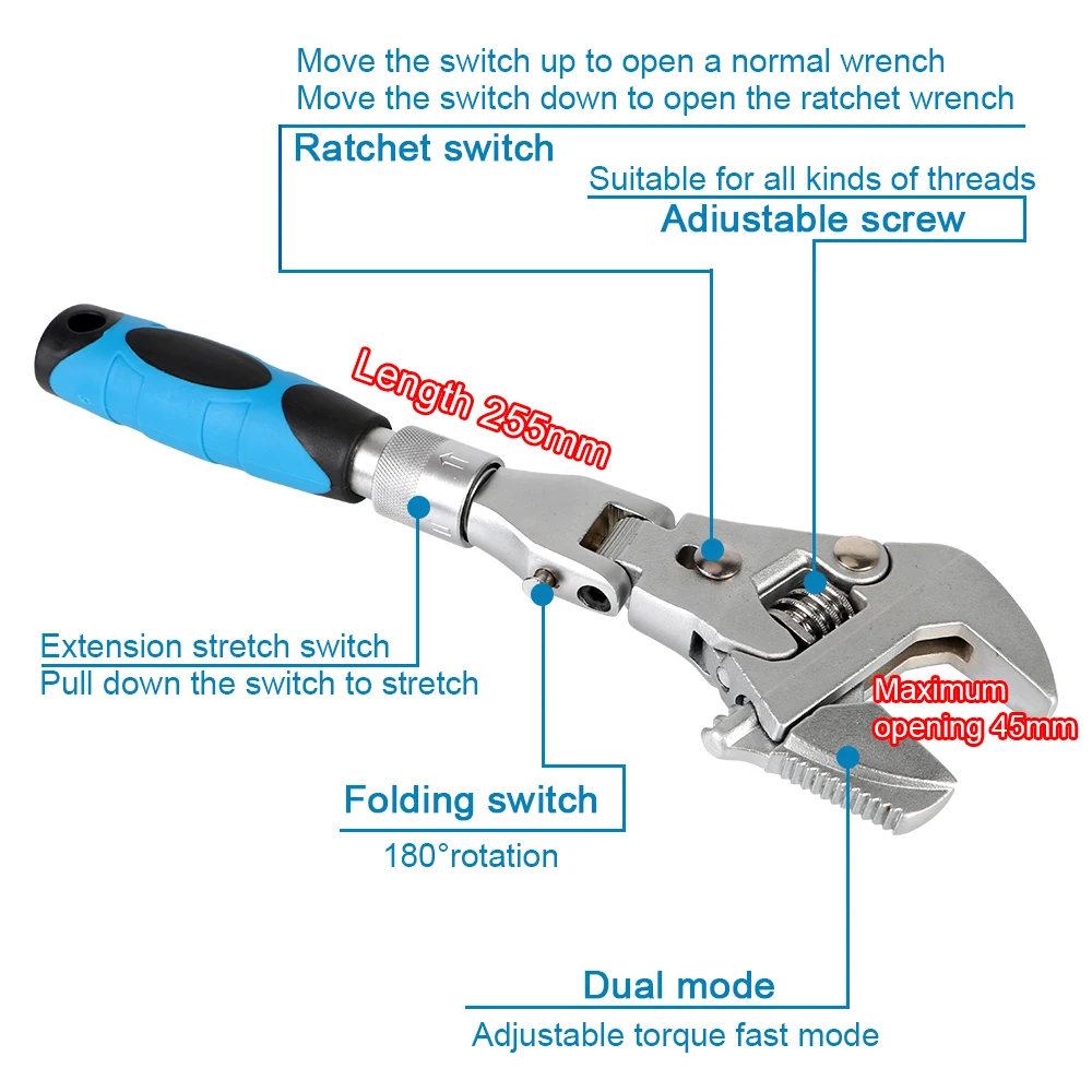 Manual Tool Pulley Wrench 180 Degree Folding 10 Inch Adjustable Torque Wrench Household Maintenance Ratchet Wrench 5 In 1