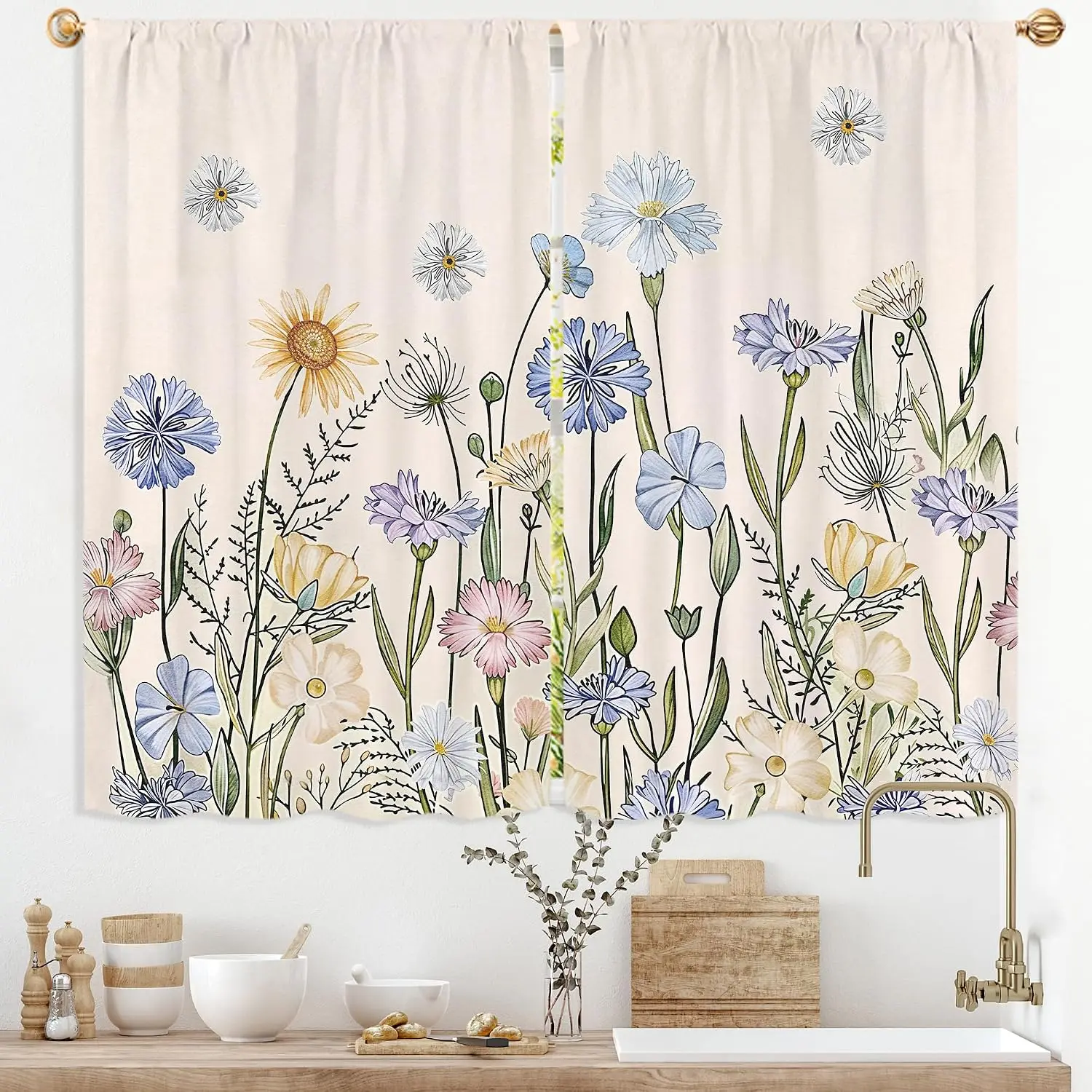 Watercolor Floral Curtain Pair Living Room Botanical Design Window Dressing 2pcs Bedroom Aesthetic Home Decor  (Length Check: 11