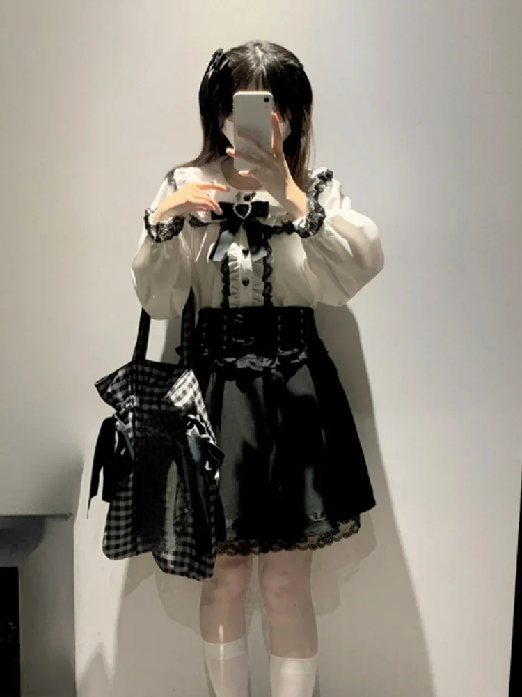 Doce lolita blusas femininas primavera verão moda japonesa harajuku laço arco camisas de manga longa feminino kawaii topos blusas