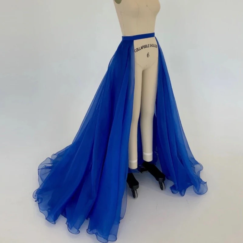 Elegant Wedding Train Detachable Organza Skirt Royal Blue 3 Layers Ruffle Elastic Waist Floor Length Tailing Party Bridal Skirt