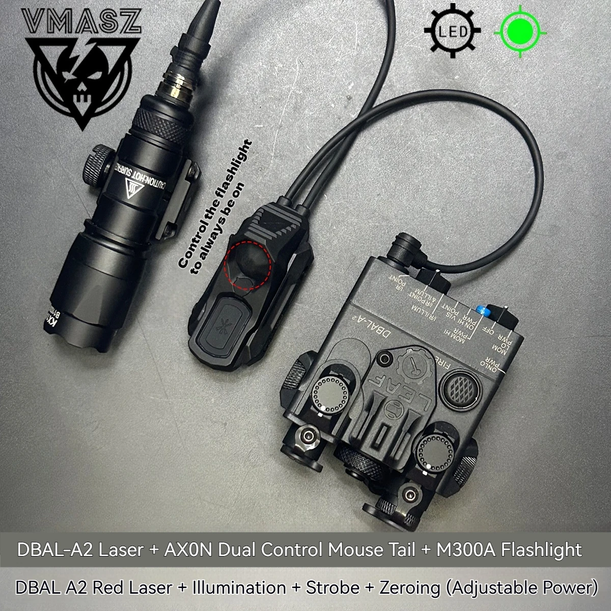 DBAL A2 Red Green Dot Laser Surefi M300 M600 Flashlight Pressure  Hunting Airsoft Light For 20mm Rail AXON Rat Tail Set
