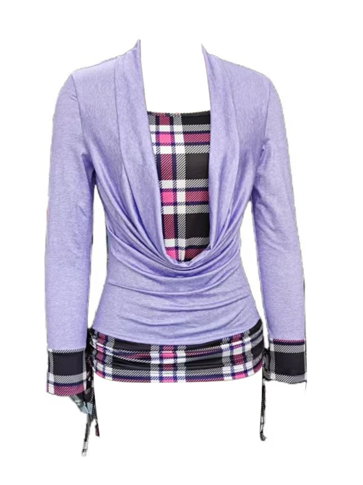 Chic Purple Patchwork Plaid T-Shirt Slim Pants Set Women's Casual Fashion Autumn Sport Suit