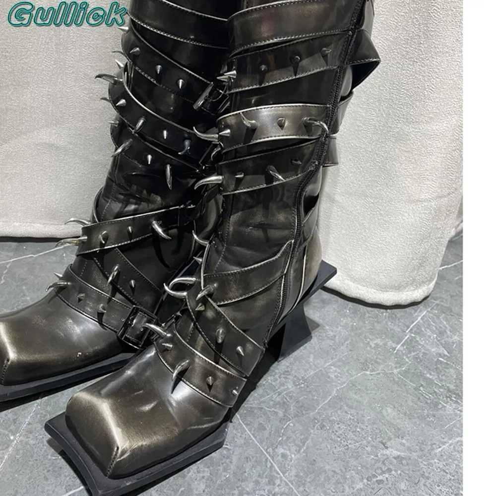 Gullick Solid Punk Mid- Boots Square Toe Strange Heel Fashion Rivets Deciration Boot Side Zipper Cover Heel Wide Strap Shoes