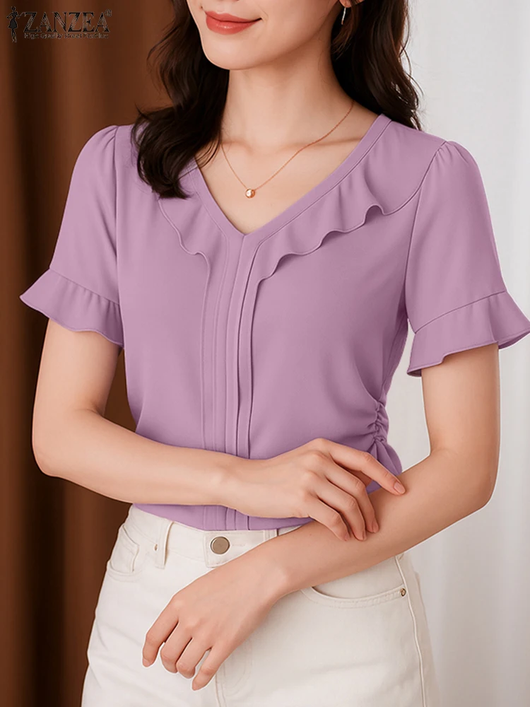 

ZANZEA Elegant Ruffle Trim Women Blouses Fashion V-Neck Short Sleeve Purple Blusas Mujer Summer 2025 Graceful Solid Color Tops