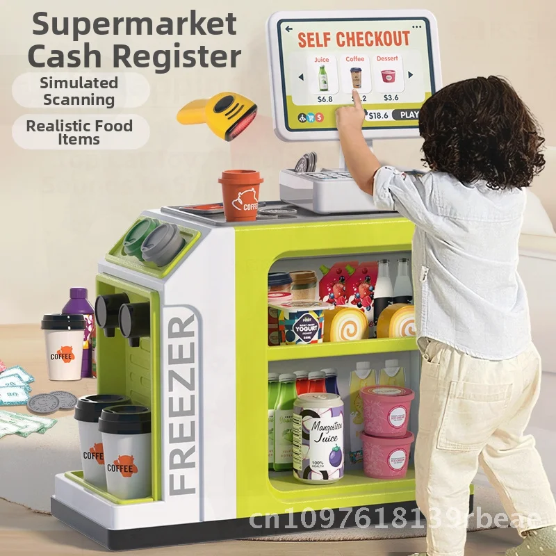 Children's Supermarket Toy Cashier Simulation Playset with Mini Food Scan Code Coffee Machine & Refrigerator for Boys & Girls