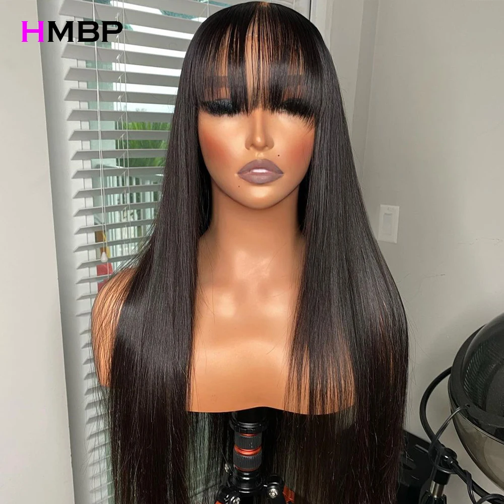 360 Glueless Full Lace Wig Straight 13x4/13x6 HD Lace Wig With Bangs 250 Density Pre Plucked Lace Frontal Human Hair Wig HMBP