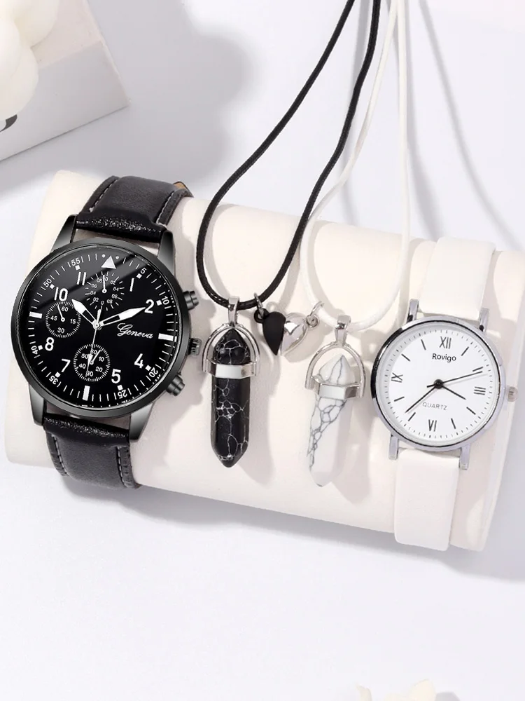 4pcs Minimalist Casual Fashion Wristwatch, Student Strap, Quartz Watch, Male and Female Couple Watch, Couple Necklace