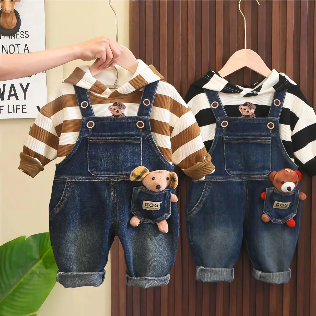 2024 Autumn New Children\'s Wear Hooded Cartoon Long Sleeve Striped Shirt+Cowboy Backstrap Set Two Piece Spring Baby Boys Clothes