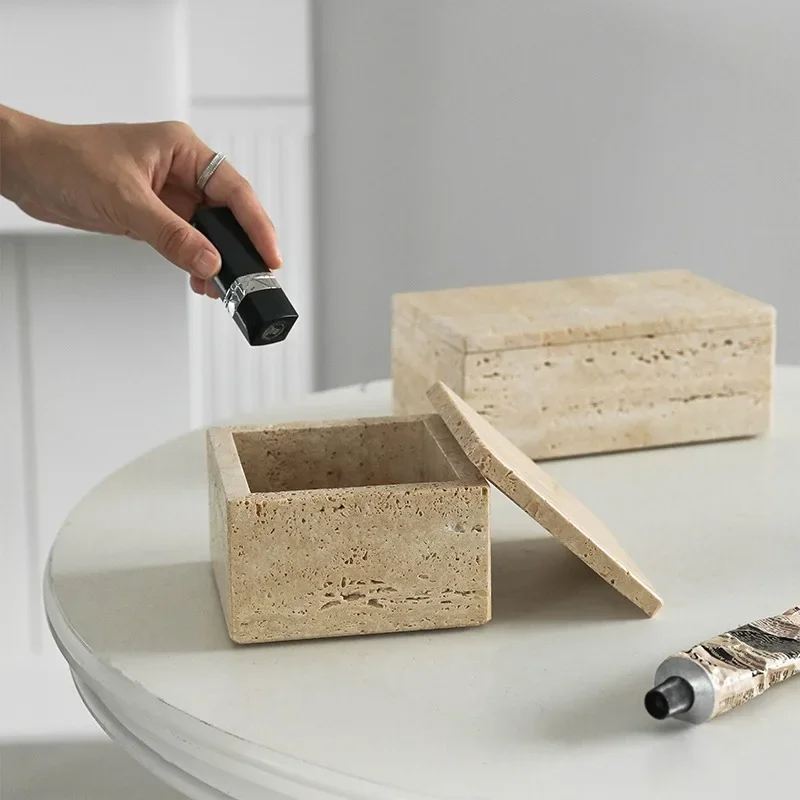 AhunderJiaz Vintage Natural Travertine Storage Box Dresser Jewelry Box with Lid Living Room Storage Art Pieces Home Decoration