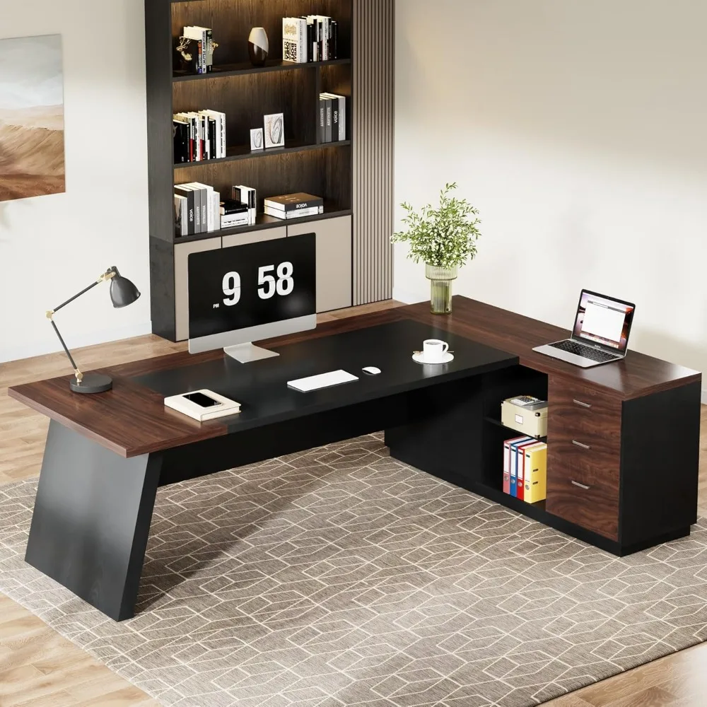 78" L-Shaped Executive Desk, Large Office Desk with Drawers and Lateral File Cabinet, Business Furniture with Storage Shelves