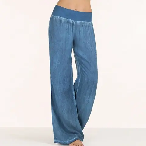 Women's Casual Cotton Pull-on Pant with Elastic Waist High Waist Denim Wide Leg Palazzo Pants Jeans Trousers