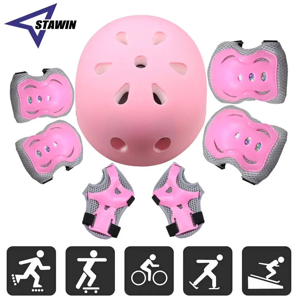 7Pcs/Set Kids Bike Helmet Skateboard Knee Pads, Girls Boys 3-10yrs Wrist Guards for Sports Cycling Bike Roller Skating Scooter