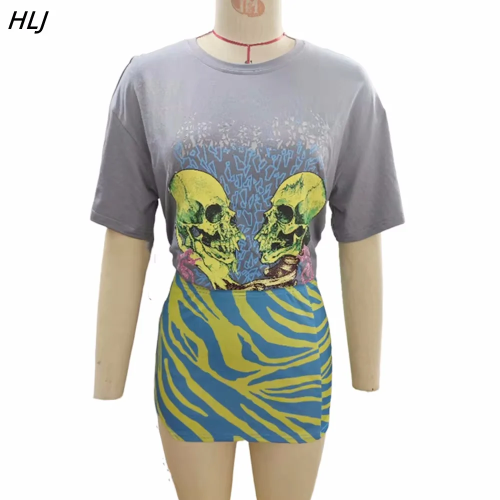 HLJ-Camiseta de manga curta feminina e mini saias, streetwear gola redonda, estampa padrão, moda Y2K, conjuntos 2pcs, roupas de verão