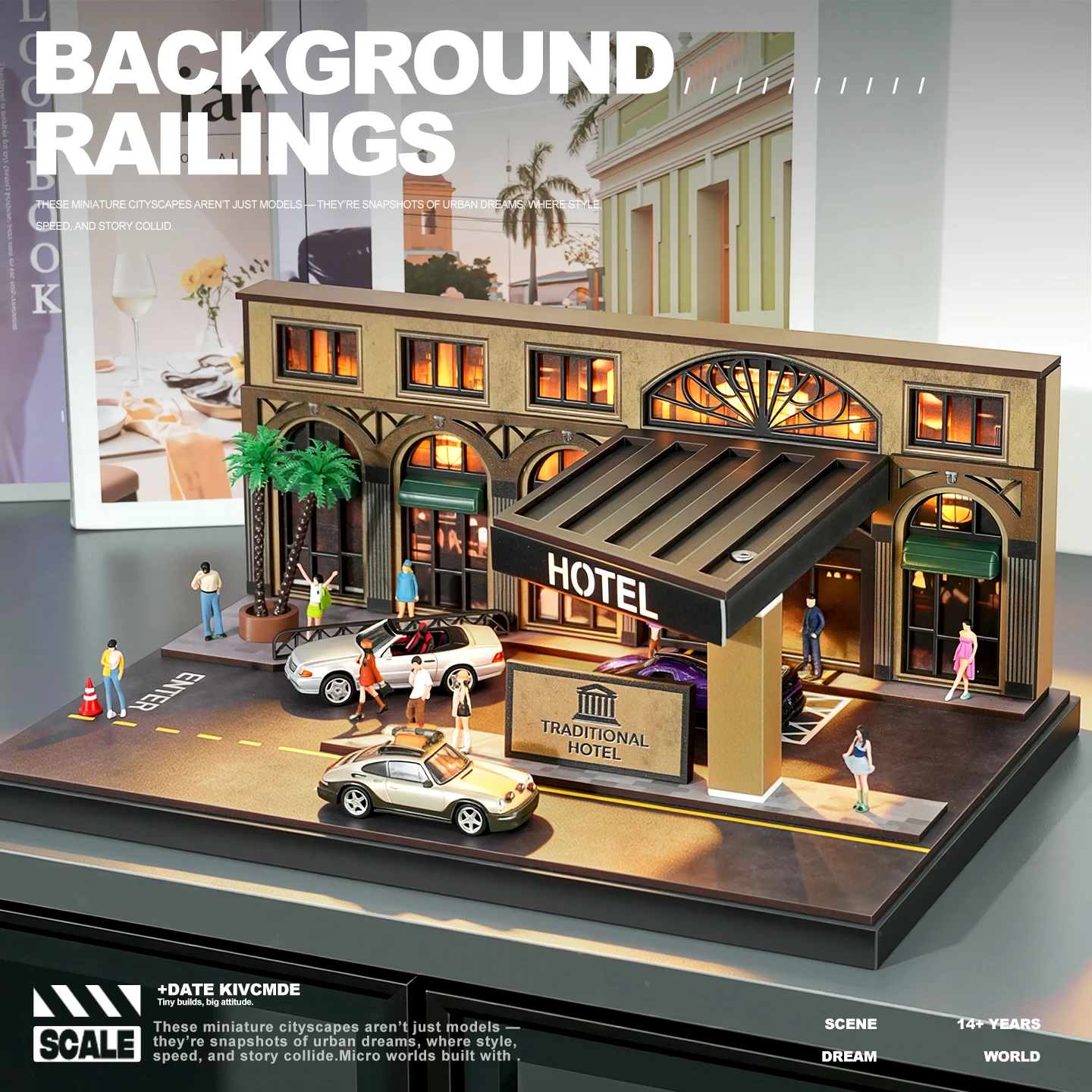 Collector 1/64 Vintage-style Hotel Miniature Scene Model Simulated Urban Street Scene Display Item Car Model Display Stand