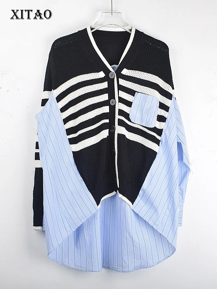 

XITAO Knitting Patchwork Sweater Cardigan Fashion Casual Loose Contrast Color Striped Women 2025 Spring Winter All-match LDD2230