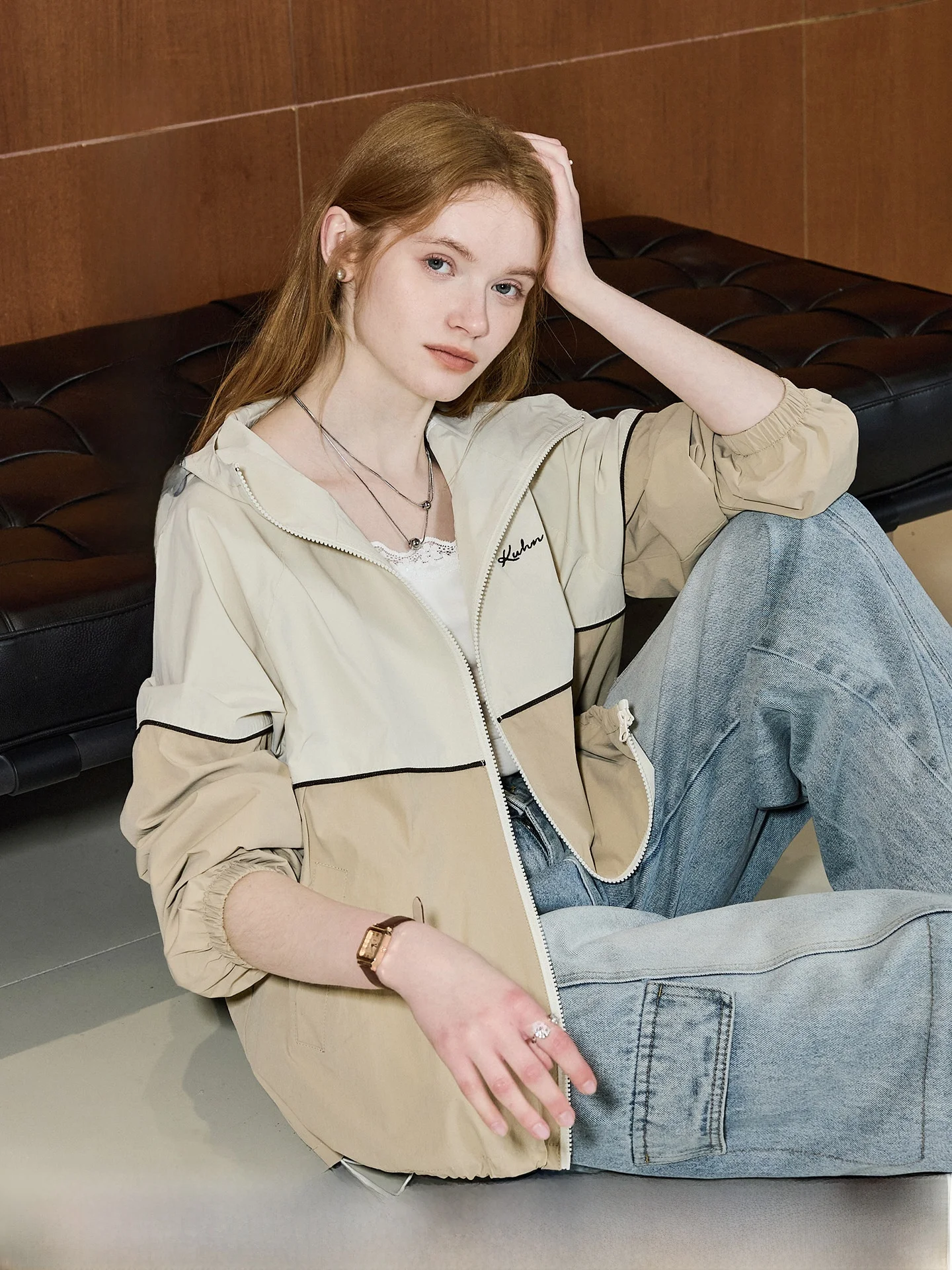 KuNMaWei UPF40 Women's Sunscreen Outerwear Thin Top Casual Loose Fit Embroidered Zipper Pocket Nylon Spandex Hooded Coat