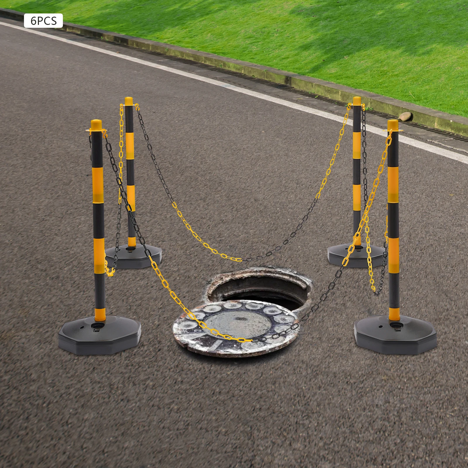 Safety Bollard Set - 6 PE Posts+6 Fillable Bases+5x6.56ft Chains, Adjustable Height, Windproof for Parking Lot/Construction