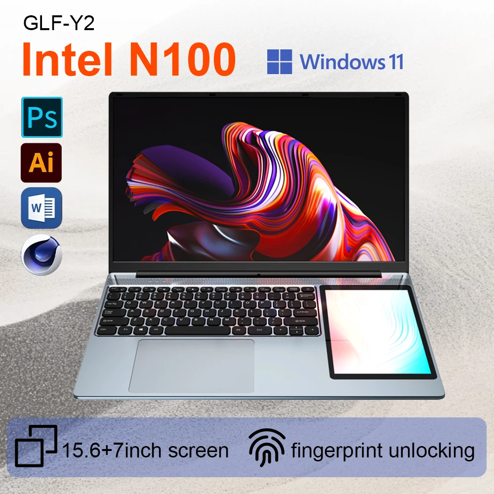 แล็ปท็อป GLF-Y2 หน้าจอคู่ Intel N100 Max ขนาด 15.6 นิ้ว IPS+7 นิ้ว หน้าจอสัมผัส แรม 32G DDR4  SSD M.2 2TB บางเฉียบ คอมพิวเตอร์สำหรับธุรกิจ รุ่นสำหรับสำนักงาน