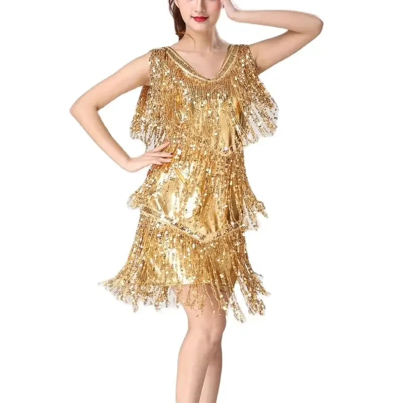 

Sexy Shiny 1920s Flapper Gatsby Dress Double V-Neck Sleeveless Sequin Tassel Latin Jazz Party Dance Dress Vestido