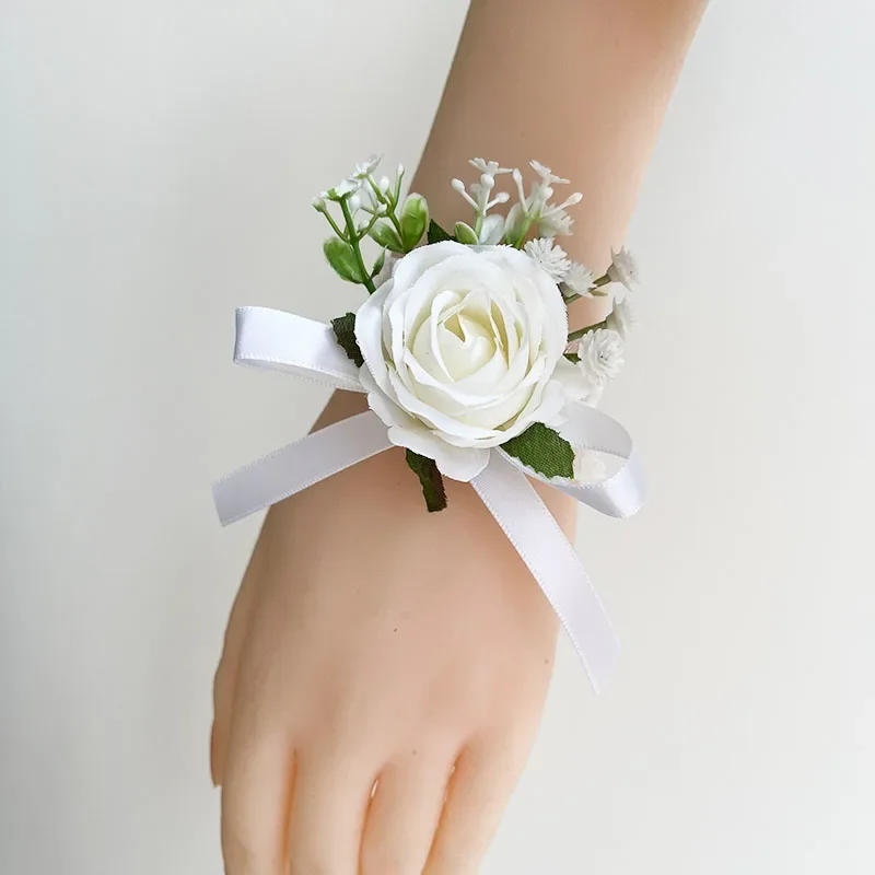 White Silk Roses Baby Breath Boutonniere Wedding Accessories Wrist Corsage Bracelets Bridesmaids Artificial Flowers Buttonhole