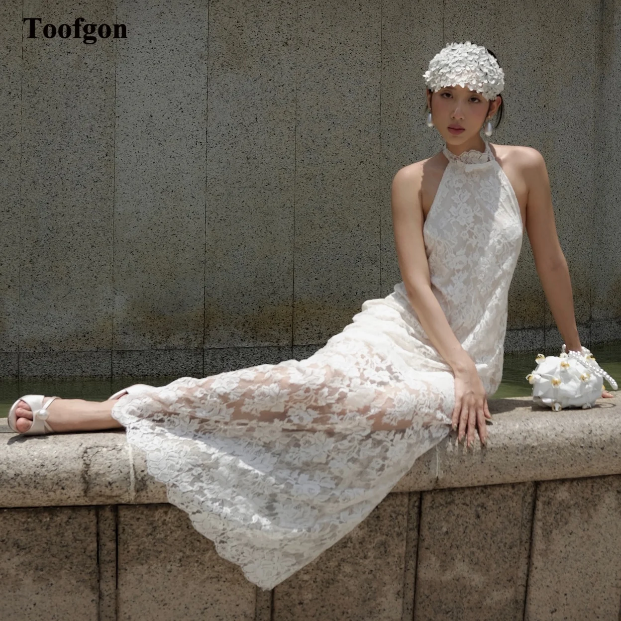 

Toofgon Elegant Beach Lace Customized Wedding Dresses Halter Sexy Backless Formal Bride Bridal Gowns Women's Party Prom Dress