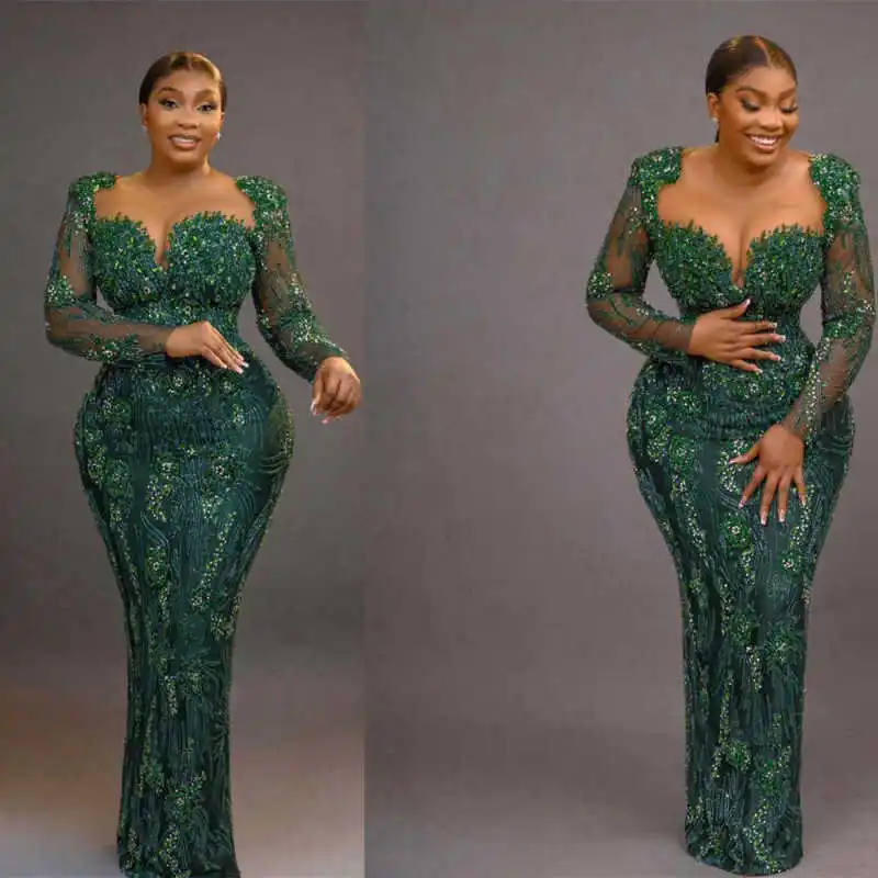 

Luxurious Plus Size Sequins Evening Dresses Long Sleeve Mermaid Prom Gowns Crystals Beadeds Formal Party Customized Dresses