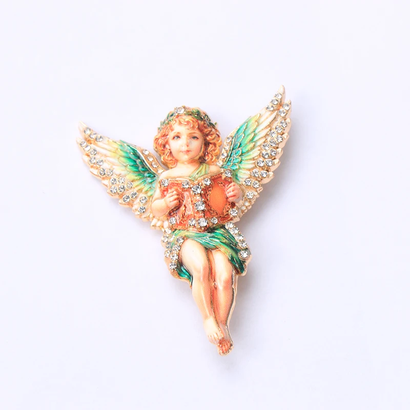 Enamel Angel Cherub Brooch Crystal Rhinestone Wing Cupid Pin Vintage Religious Jewelry