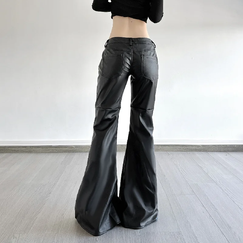 Dark Style Spicy Girl Personality Low Waist Leather Pants 2025 Autumn And Winter New Pu Leather Trumpet Pants