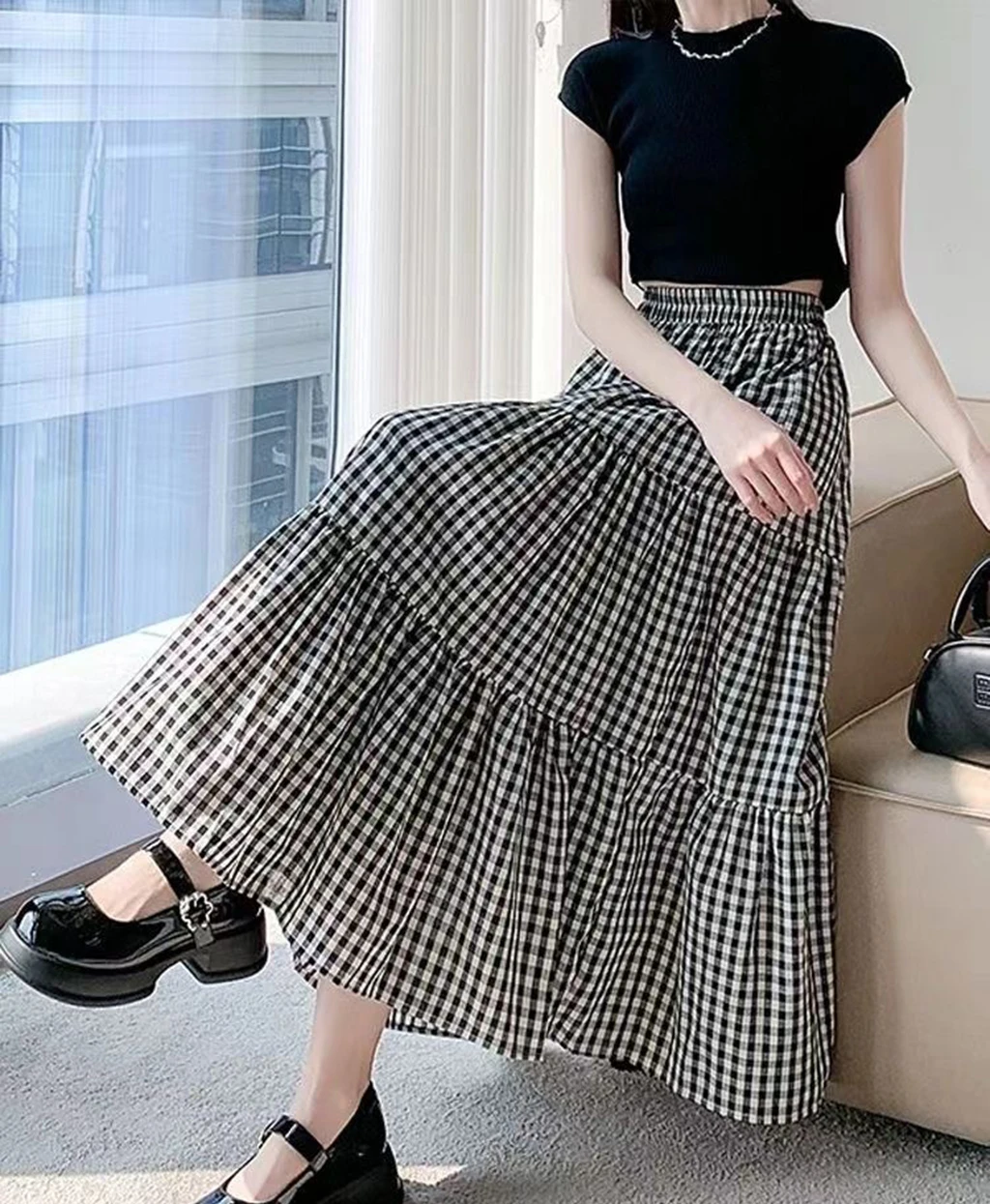 

2026 New Arrival Women Gingham Plaid Maxi Skirt High Waist A-Line Ruffle Hem Casual Long Skirt for Summer