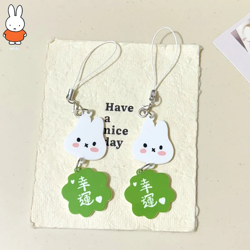 

2pcs Cute Cartoon Miffy Rabbit Pendant Royal Guard Lucky Key Chain Text Acrylic Mobile Phone Hanging Decoration Chain