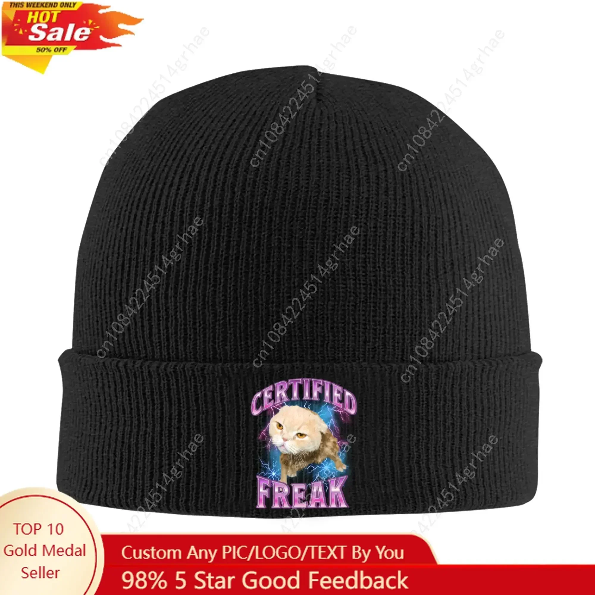 Funny Cat Meme Certified Freak Eat Cement Bonnet Hats  Cool Knitted Hat For Men Women Winter Warm  Skullies Beanies Caps