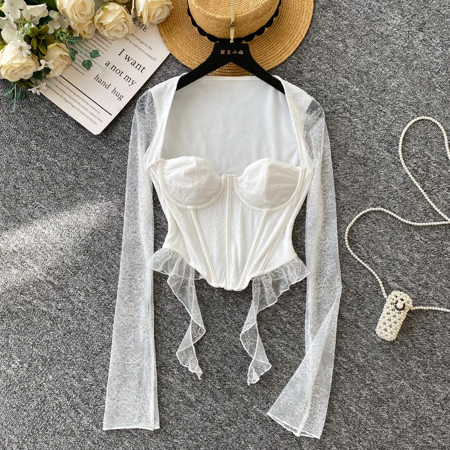 

Винтажная элегантная сетчатая блузка с длинными рукавами и рыбьей косточкой, модная рубашка, сладкий топ, сказочная женская рубашка