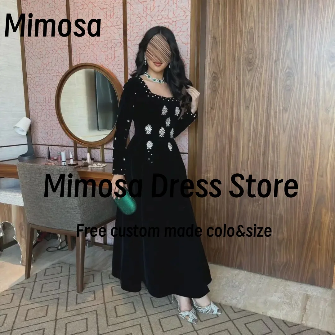 Mimosa Black Velour Prom Dresses Square Neck Beaded Ankle Length Special Party Dress Long Sleeves Evening Gowns Customized