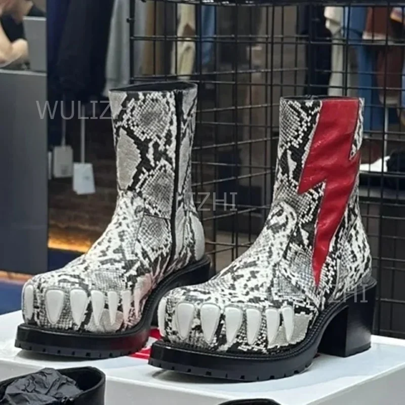 Red Yellow Men Boots Graffiti Square Colorful Leopard Print Lightning Chunky Heel Catwalk Zip Ankle Calf Booties Casual Shoe
