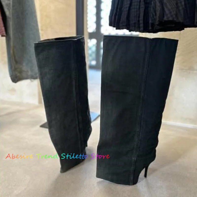 New Wander Leather Knee High Boot Women Pointy Toe Wide Mouthed Down Denim Boots Winter Warm Designer Brand Runway Long Boot