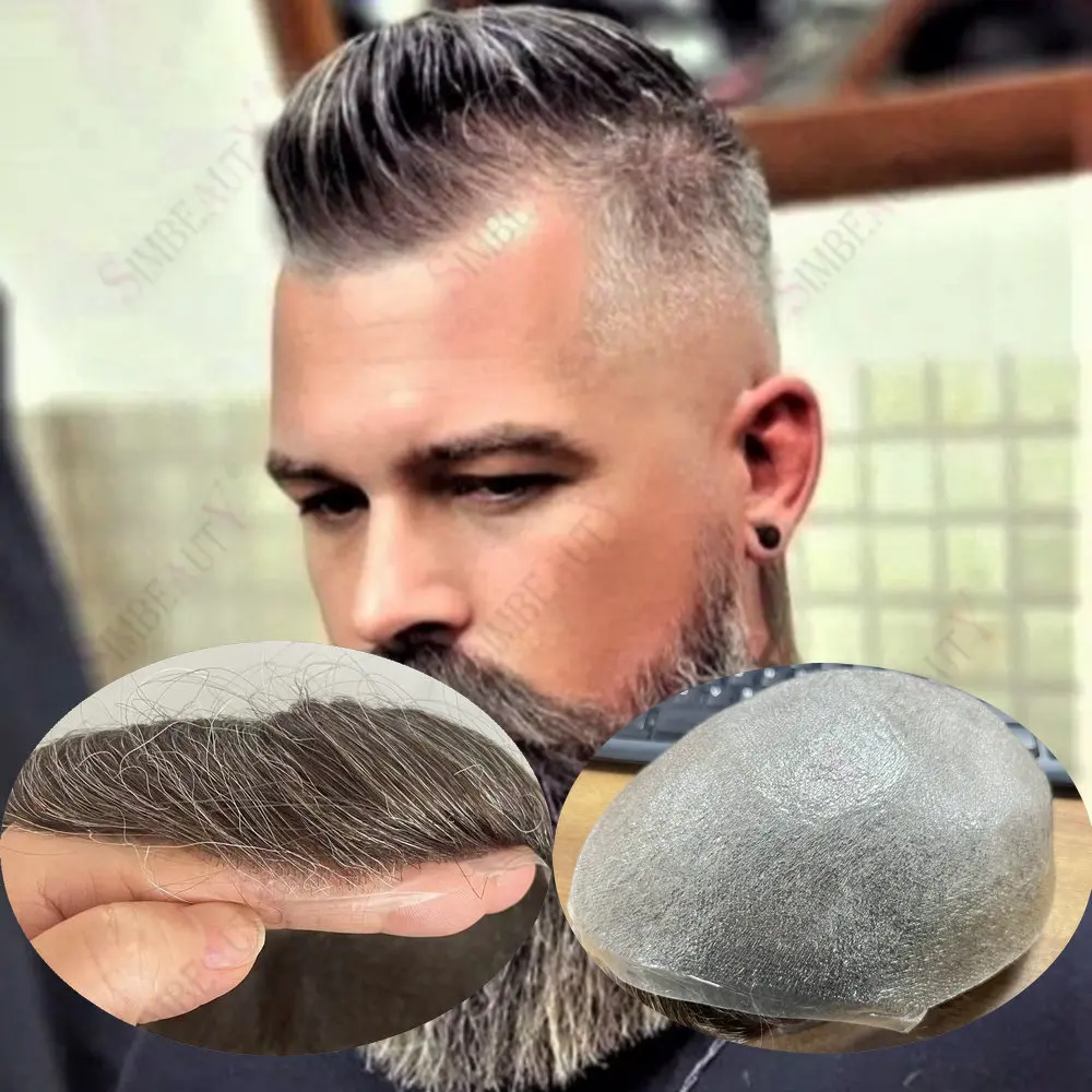 

Men's Undetectable 80Density0.02mm Micro Thin Skin Base Toupee Capillary Prosthesis Human Hair1B20 520Grey Black Male Wig System