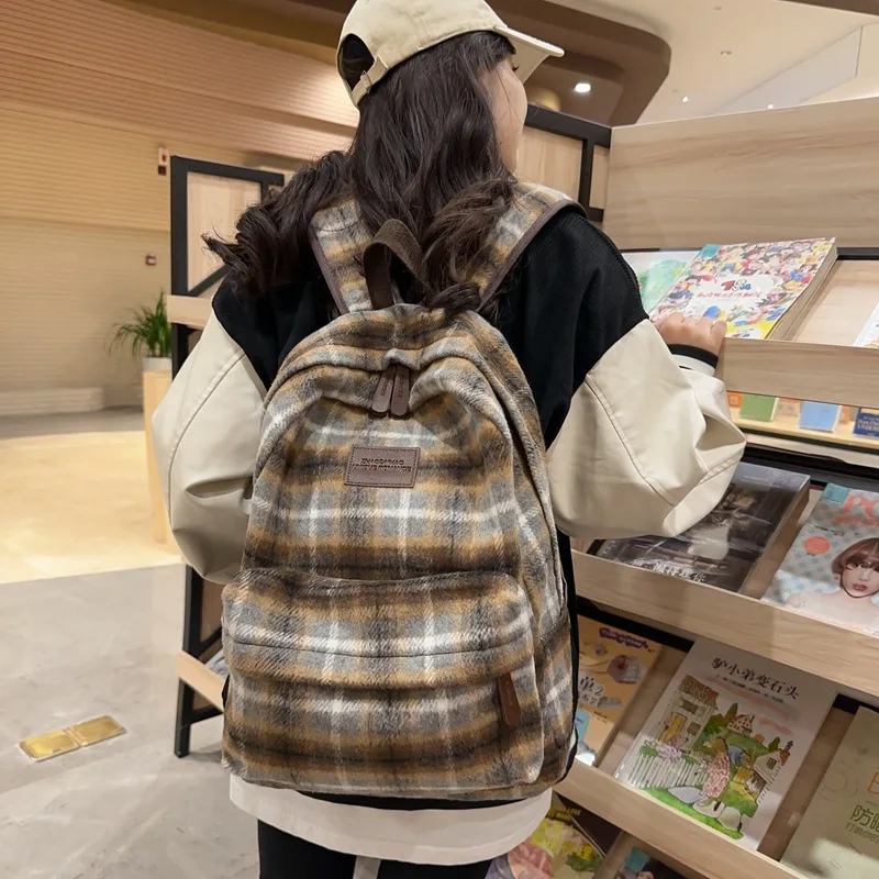 Backpacks Lattice Vintage Couple Canvas Bag Korean Harajuku Large Capacity School Backpack Unisex Stylish Plaid Ins