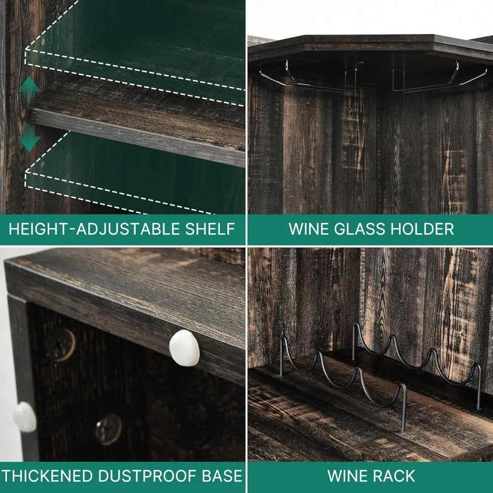 72 خزانة بار زاوية للمزرعة مع أضواء LED وباب زجاجي، خزانة مشروبات مع حامل زجاجي، كابينة بار الخمور من 6 طبقات