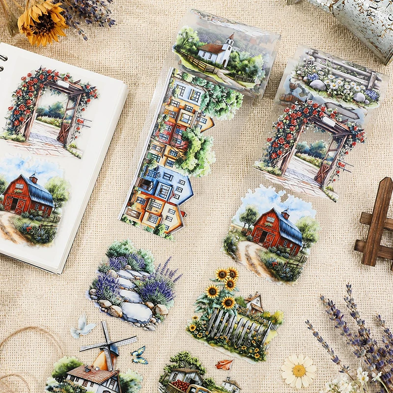 70mm*200cm Vintage Field Flower House Landscape PET Tape Creative DIY Journal Material Collage Scrapbooking Stationery