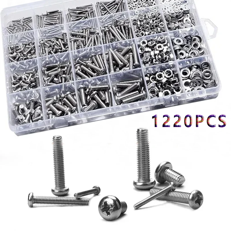 

Набор из 1220 шт. винтов из нержавеющей стали M2/M3/M4/M5: винты с полукруглой головкой Phillips, болты, гайки, плоские шайбы, машинные винты, комплект для сборки