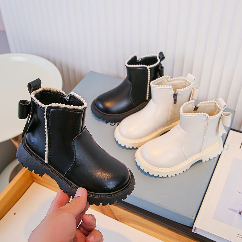 Girls Ankle Boots Sweet Back Bows Kids Short Boots Fashion Versatile 2025 Autumn New Children Princess Boots Round Toes Elegant
