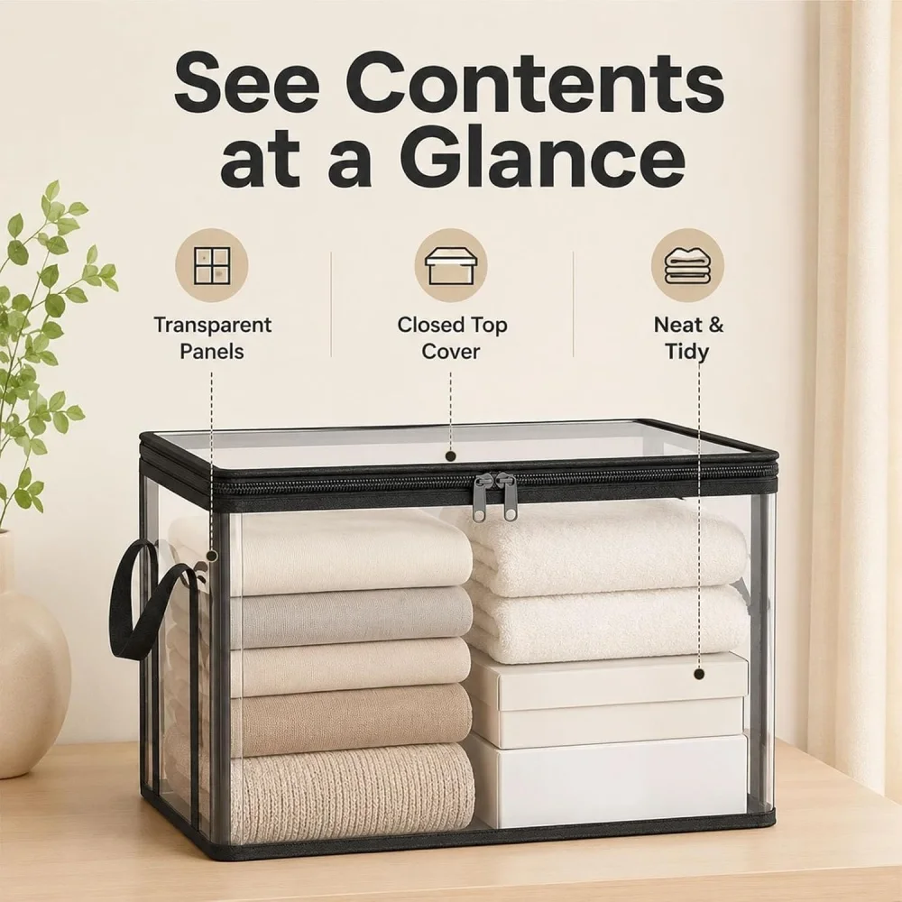 Foldable Storage Bins 1Pack Large Clear Heavy Duty Boxes with Lids Collapsible Clothes Blanket Organizer for Closet Bedroom
