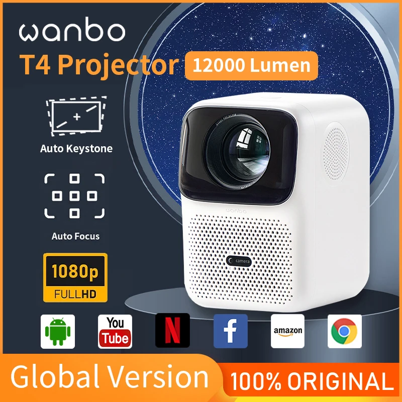 

Projector 4K Android Wanbo T4 Native 1920*1080P 12000 Lumens Dual WIFI6 Auto Focus Correction Home theater projector For home