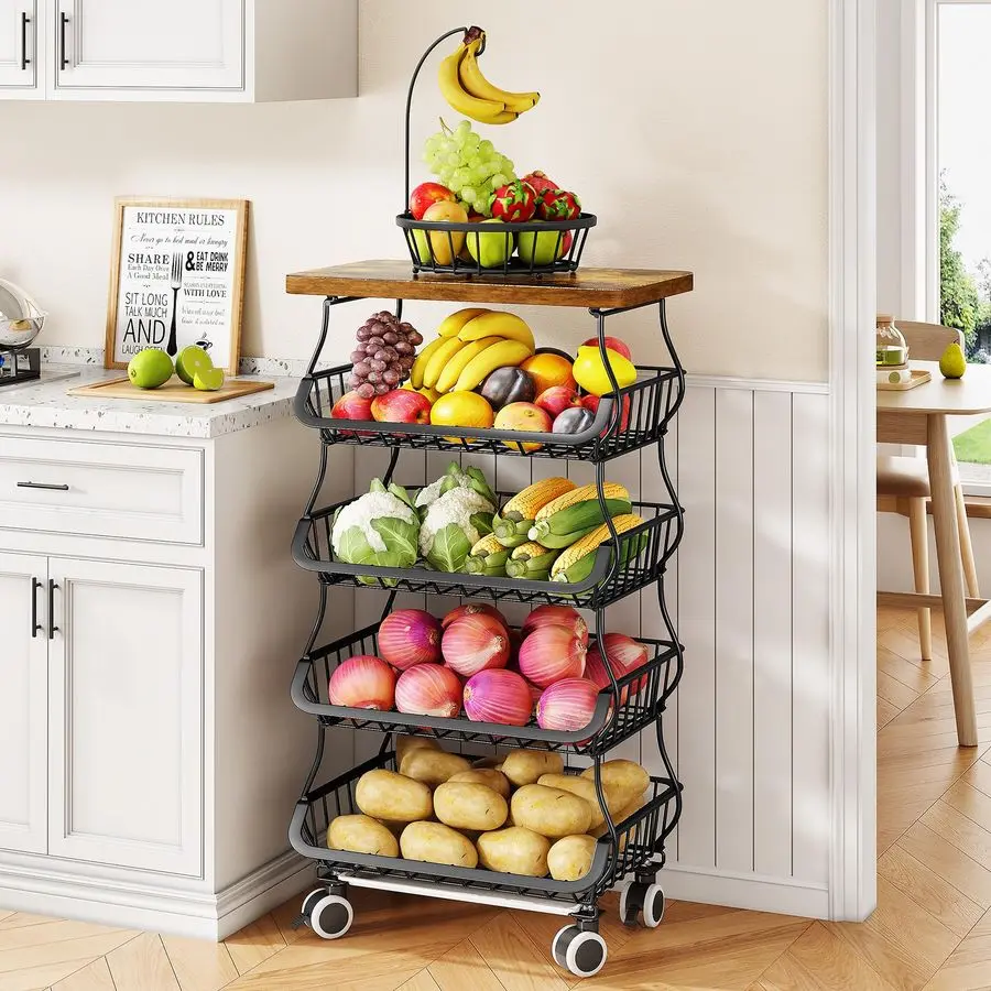 

Fruit Basket Kitchen Pantry Organizers and Storage Wooden Top Table, Stackable Metal Wire Basket Stand Cart for Fruit Vegetable