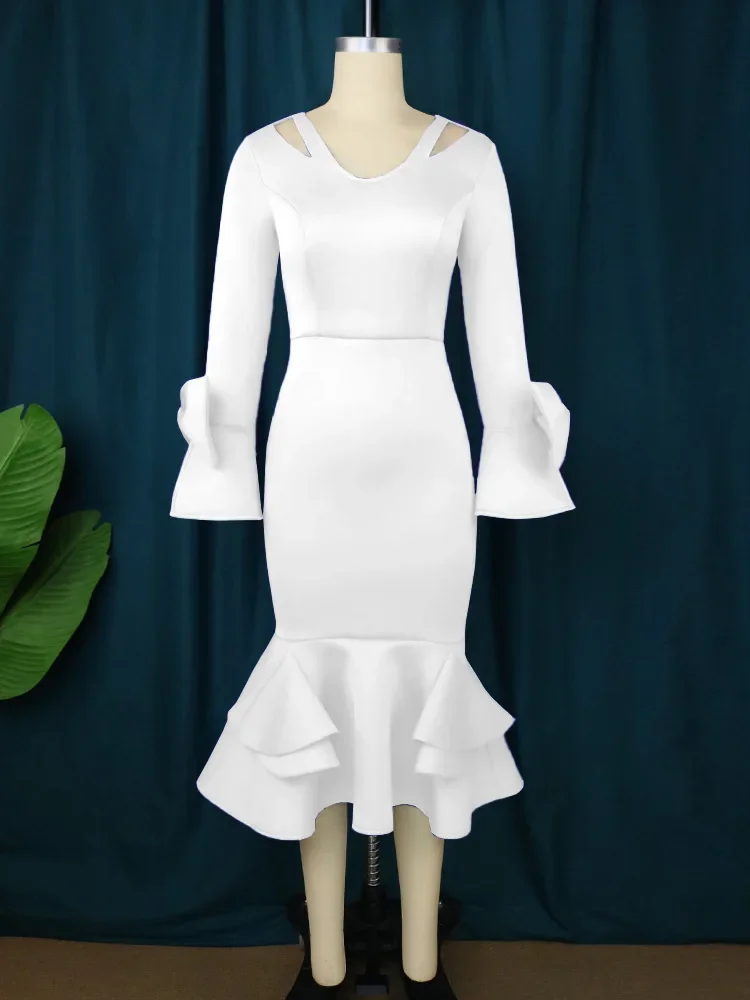 

White Bodycon Dress V Neck Long Sleeve Bowtie High Waist Ruffles Midi Evening Cocktail Party Gowns for Women Wedding Gust