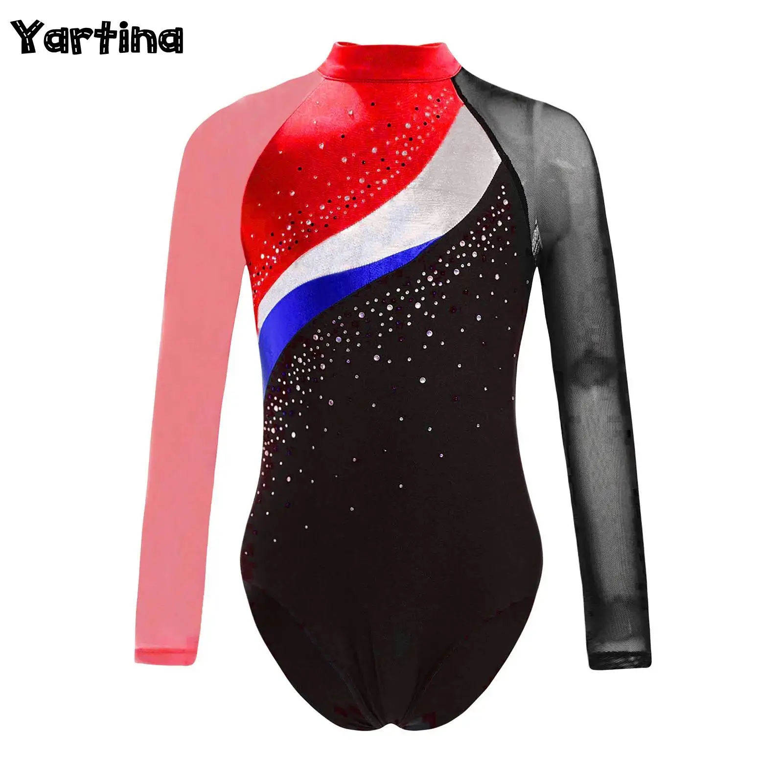 

Kids Girls Shiny Rhinestones Gymnastics Ballet Jersey Figure Skating Dance Performance Costume Sheer Mesh Leotard Bodysuit Tops